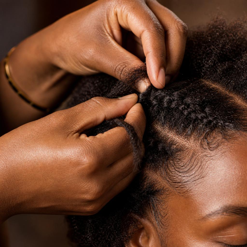 Hands gently braiding hair